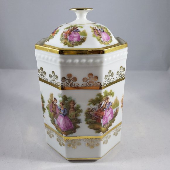 Birks Fragonard "Courting Couple" Patern Octagonal Container with Gold Trim - Picture 1 of 8
